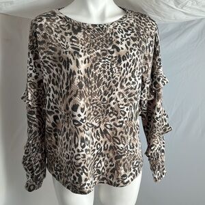 Ariella multicolor leopard print long ruffle sleeve soft knit top